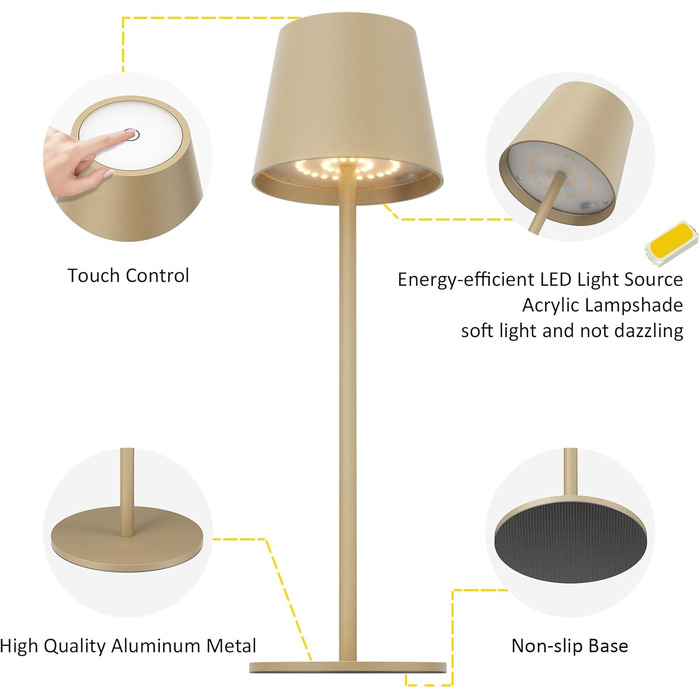 LED настільна лампа K-Bright з регулюванням яскравості, акумуляторна, бездротова, 3000K/4000K/6000K, 3 колірні температури, USB-C, IP54, вологостійка, чорна, 1 шт.