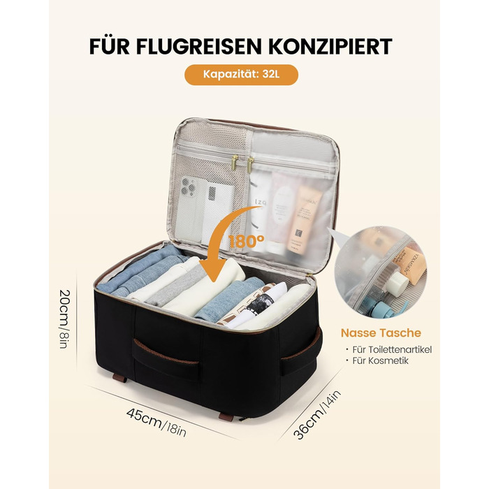 Рюкзак для ручної поклажі Ryanair LOVEVOOK 45x36x20, 32L, Anti-Diebstahl, для жінок та чоловіків, підходить для Eurowings, Wizz Air, чорний+бежевий+каштановий