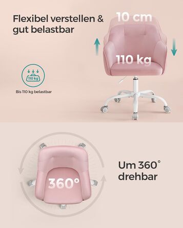 Крісло SONGMICS для офісу, обертове, регульоване по висоті, до 110 кг, з дихаючої тканини, для робочого кабінету/спальні, пастельно-рожевий, велюр