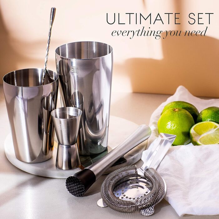 Cocktail Shaker Set - Stainless Steel Shaker in Boston Style | Rich Accessories for Easy Handling | Bonus Recipe Book, Elegant Gift Box & Storage Bag (Black)