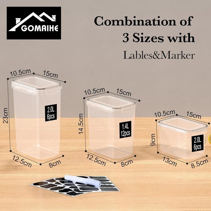 Набір контейнерів для зберігання GoMaihe 24 шт. з кришкою: герметичні контейнери для продуктів з етикетками та маркером | Коробки для зберігання на кухню для мюслі, борошна, кукурудзяних пластівців та цукру | Без BPA | Можна мити в посудомийній машині, чо