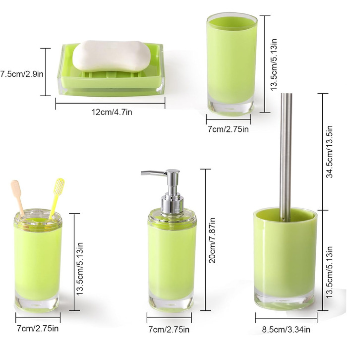 Acrylic Bathroom Accessories Set, Lotion/Soap Dispenser, Soap Dish, Toothbrush Holder, Tumbler, Toilet Brush and Holder, Modern Bathroom Decoration and Housewarming Gift Set, Orange, 5-Piece (Green-5)