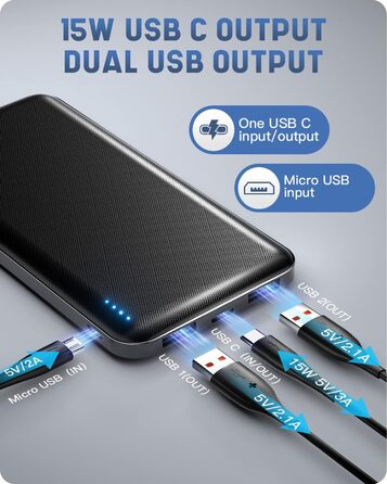 Портативний зарядний акумулятор Power Bank 10000mAh, ультратонкий, з USB-C, 2 USB виходи, сумісний з iPhone, iPad, Samsung, AirPods