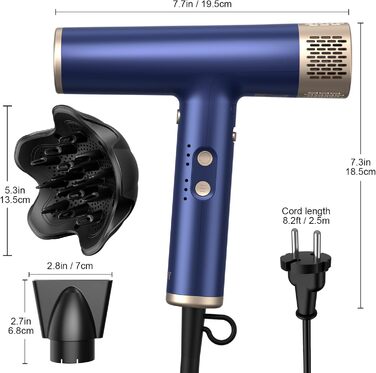 Професійний фен YAPOY з дифузором: швидка сушка, 200 млн іонів, 110 000 об/хв, захист від перегріву, термоконтроль, сріблястий (блакитний 2)