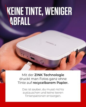 Canon Zoemini 2 perlweiß - Міні фотодрук принтер, мобільний, портативний, білий. Комплект для друку (5x7,6 см, для смартфону/планшету, вбудований акумулятор) + 20 ZINK картриджів + 10 круглих наліпок