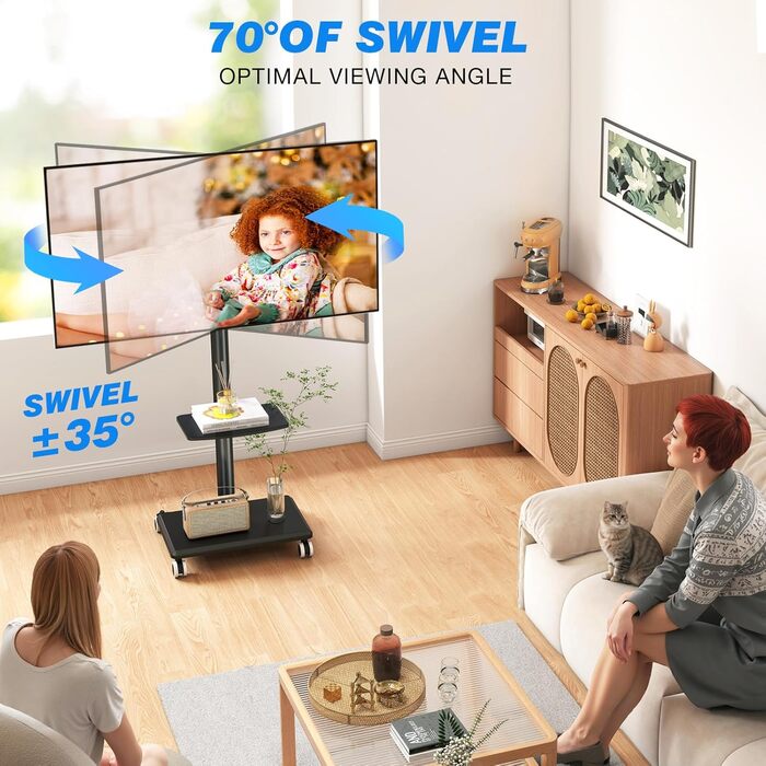 Мобільна тумба під телевізор з поличкою для ТВ 27-60 дюймів, чорна. Поворотна, регульована по висоті, до 40 кг, VESA 400x400