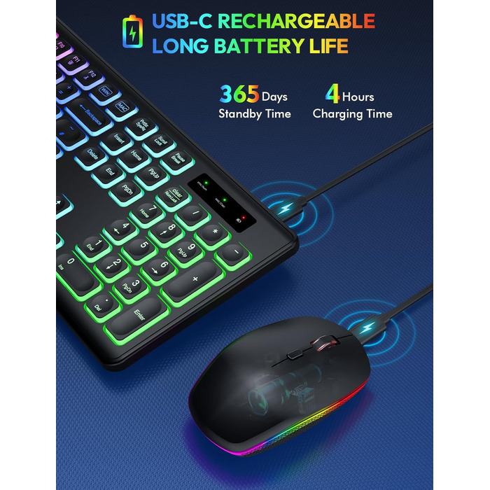 Бездротова клавіатура та миша з підсвічуванням, USB-C, тиха, для Mac/Windows/PC/Laptop - Чорний, QWERTY