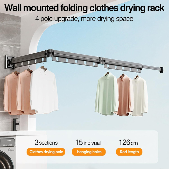 Висувна стійка для одягу, 3-х рівнева, розкладна, для кріплення на стіні, 126 см, економія місця, розкладна, з гачками, для балкона, білизни, ванної кімнати, білий, молочно-білий (пістолетно-сірий)
