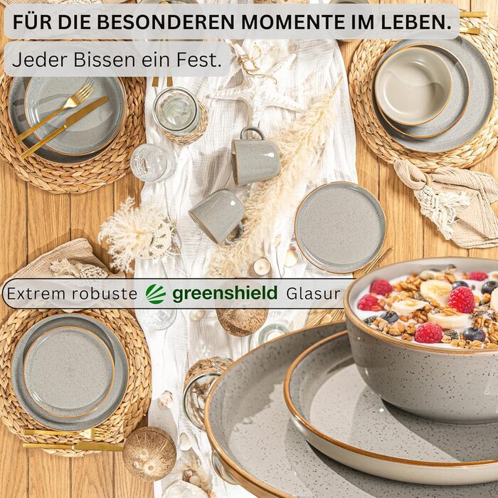 Набір посуду SÄNGER Rio Perlgrau 16 предметів: тарілки, глибокі тарілки, тарілки для пасти, 4 персони, сірий, кераміка