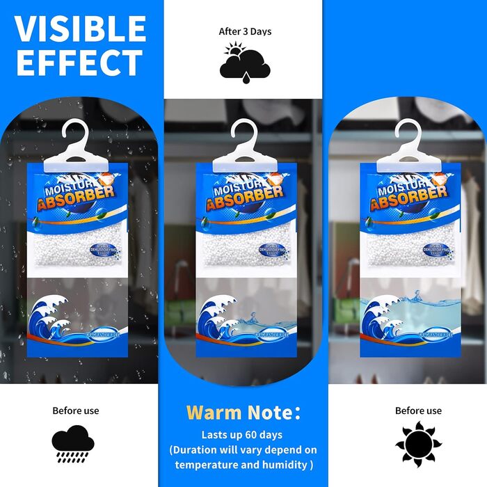 ZSZMFH 15-Piece Moisture Absorber Hanger Bags, Fragrance-Free Humidity Packs, Hanging Closet Dehumidifier Bags, Moisture Absorber Packets, 220g/Pack.