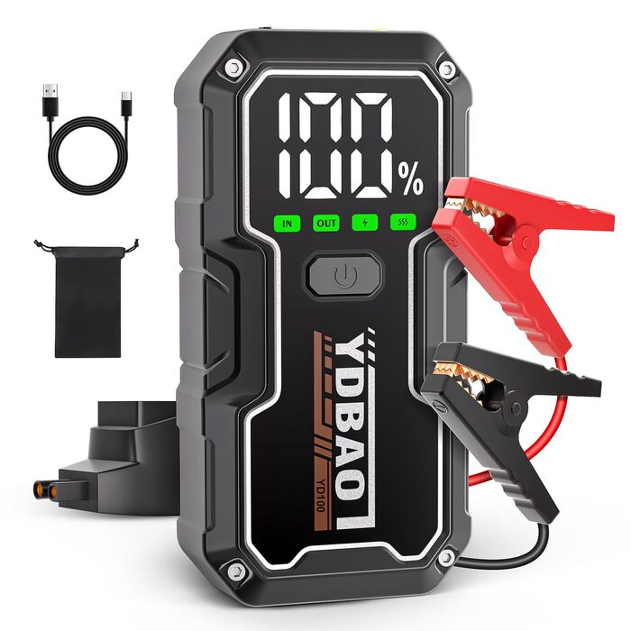 Powerbank для автомобіля 8000A, пусковий пристрій для акумулятора 12V з LED-дисплеєм та клемами, бустер для бензину/дизеля (до 10л), чорний