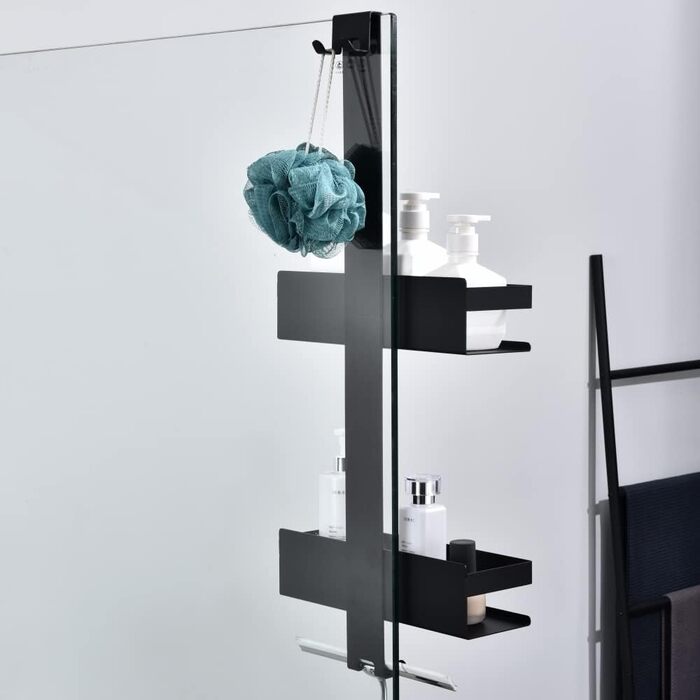 HomeHeng Hanging Shower Shelf, 2-Tier Hanging Shower Caddy Matte Black, SUS304 Stainless Steel Double Shower Basket with Hooks for Glass Shower Enclosure, H30MB-2DH