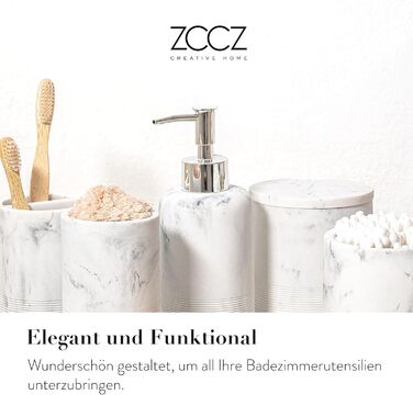 Набір для ванної кімнати ZCCZ – 6 предметів: органайзер для зубних щіток, дозатор мила, миска для косметики та ватних паличок. Елегантний декор з ефектом мармуру, білий колір для стильного оформлення ванної кімнати