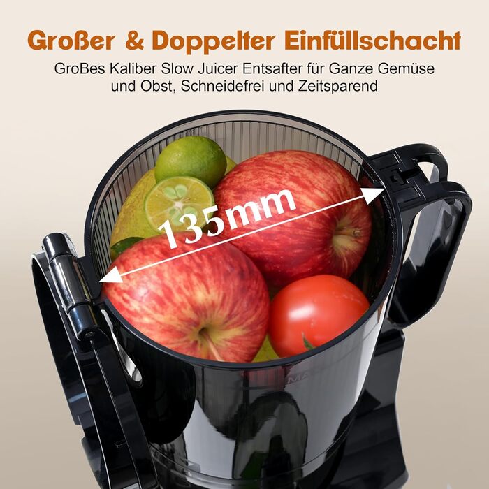 Fretta Slow Juicer, Winner in Vegetable and Fruit Tests, 250W Stainless Steel Electric Juice Extractor, Cold Press Juicer Machine with 135mm Large Opening, Easy to Clean, Reverse Function, BPA Free