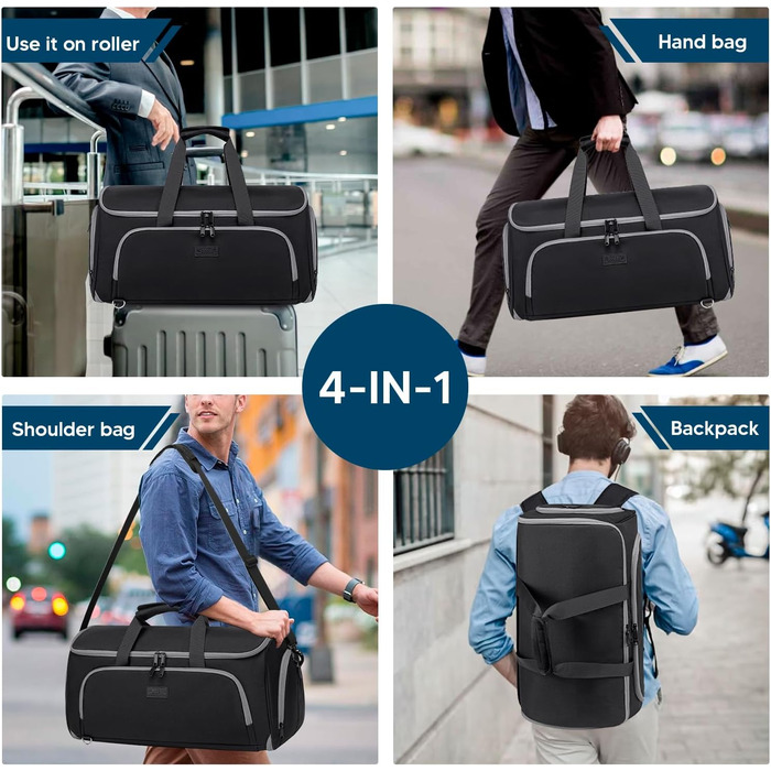 Suit Bag, Garment Bag Travel Duffel for Suits, Convertible Garment Duffel Bag for Men and Women, 4 in 1 Suit Bag Hanging Bag with Shoe Bag (Black)