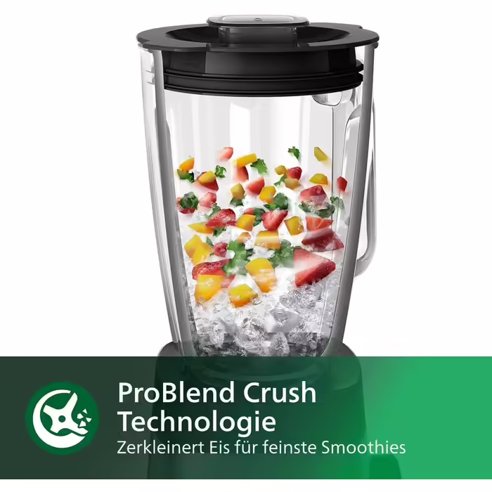 Блендер Philips Standmixer 1000Вт, 2 л скляна чаша, ProBlend Crush, змінна швидкість, додаток HomeID, смузі-мейкер з чашею для напоїв (HR3573/90)