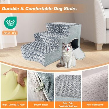 Сходинки для собак 3-ступеневі з будиночком для котів та пандусом для собак. Неслизькі сходи з високощільну піну для маленьких/середніх собак, легко чистяться