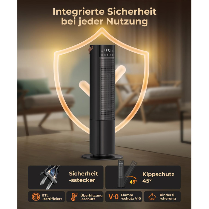 Електричний обігрівач PTC з керамічним нагрівачем, 2000W, 75° обертання, термостат, тихий, 3 режими, таймер 24 год, захист від перегріву та перекидання