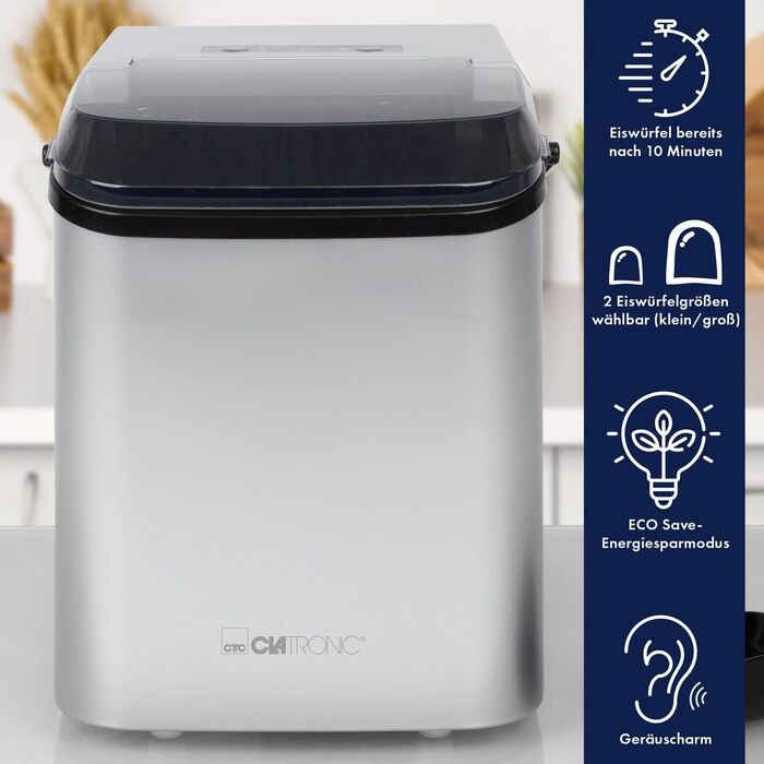 Машина для приготування льоду Clatronic EWB 3785 Silver | Швидке приготування, самоочищення, 1.5 л резервуар | 12 кг/24 год
