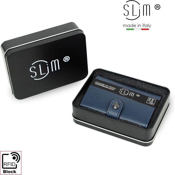 Стильний гаманець Slim Geldbörse для чоловіків та жінок з RFID захистом, відділенням для монет, синій Saffiano - Made in Italy