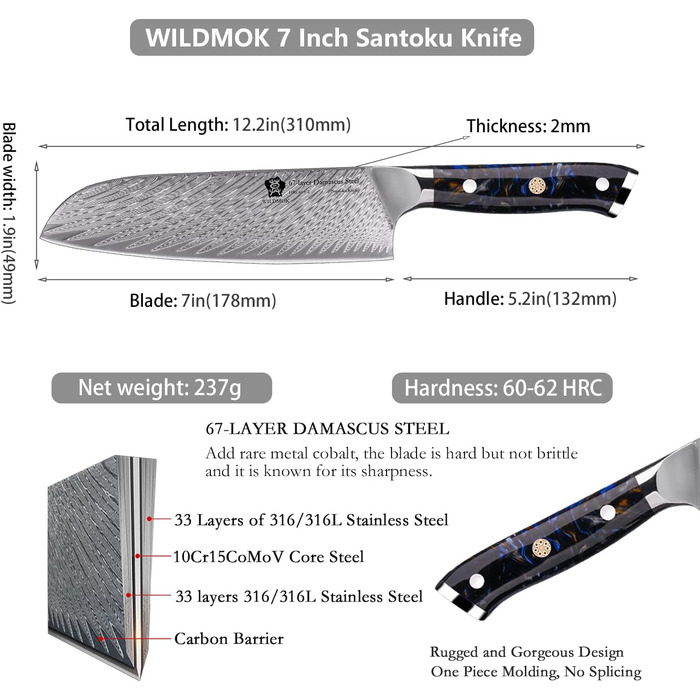 Ніж кухонний професійний Santoku WILDMOK 17 см, VG10 дамаська сталь, ергономічна рукоятка, для дому та ресторану