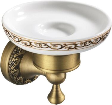 Brass toothbrush holder, antique bronze, cup holder with white ceramic cup, wall-mounted, bathroom accessory, patterned carved design (soap dish)