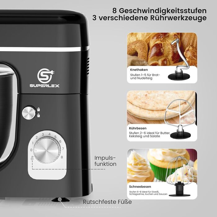 Кухонна машина SUPERLEX 3-в-1: міксер, тістоміс, блендер. 1300W, 5л чаша з нержавіючої сталі, 8 швидкостей, з набором насадок (крюк, вінчик, вінчик для збивання), захист від бризок. Для приготування тіста, випічки та десертів.