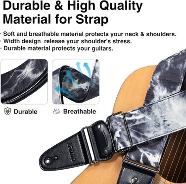 Гітарний ремінь LEKATO, смугастий, 6.7 см, з регулюванням, з шкіри, з кишенькою для медіатора та 6 медіаторів/фіксаторами ремінця - для бас-гітари, електро- та акустичної гітари (Колір: Nebel)