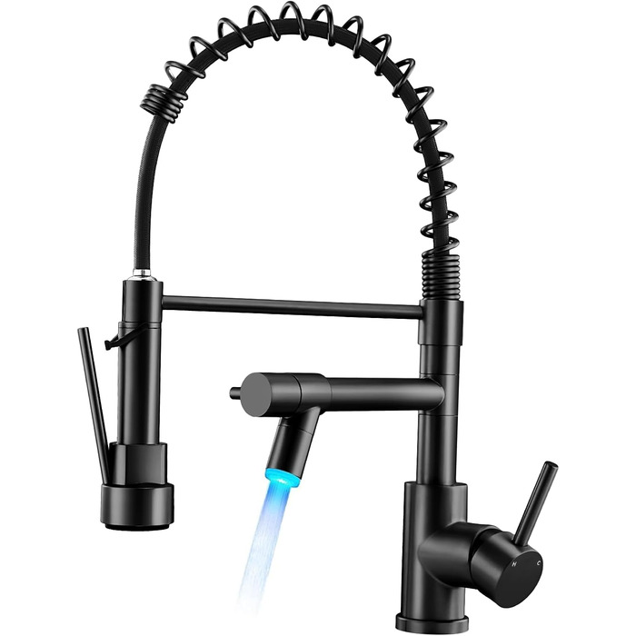 LED кухонний змішувач Warmiehomy з поворотним виливом 360°, 2 виходи, високий вигин, спіральна пружина, чорний