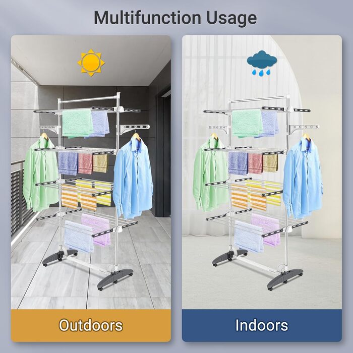 Турбо сушарка для білизни Todeco з нержавіючої сталі, 4 яруси, мобільна, сіра