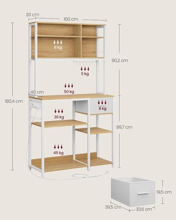 Стелаж кухонний VASAGLE з розетками, 40 x 100 x 180,4 см, 12 гачків, антрацит-чорний, з регульованими полицями та висувною шухлядою