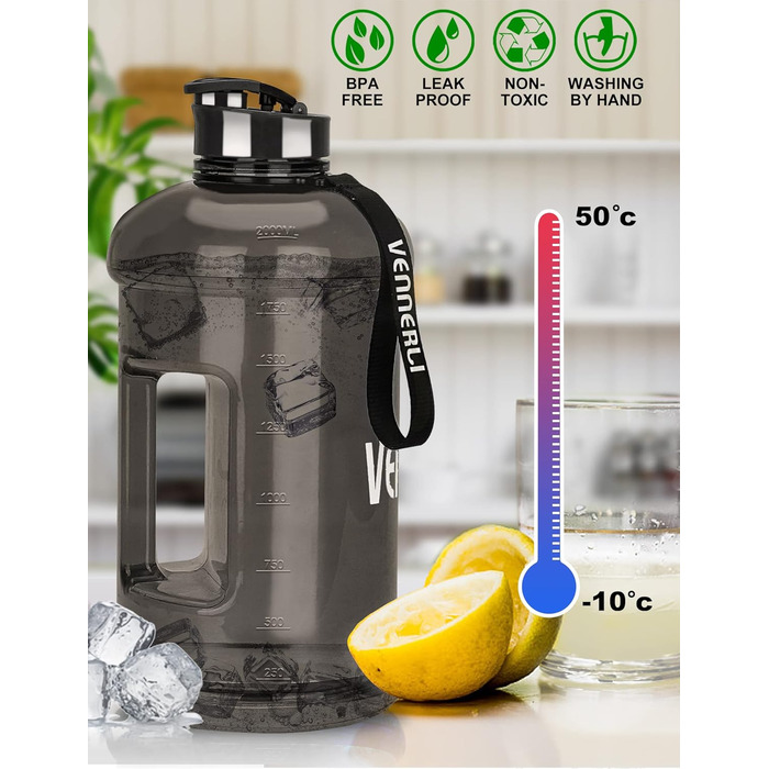 Пляшка для води 2.2л з ручкою, велика портативна пластикова, BPA-free, для спорту, туризму, фітнесу, подорожей, чорна