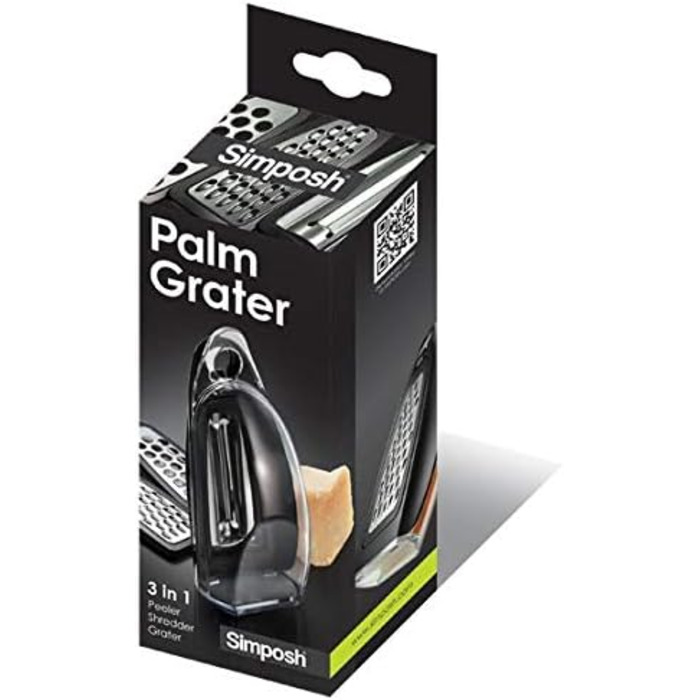 Palm Grater - Comfortable Compact Hand Grater. Vertical and Horizontal Hanging on Hook. Peeler, Slicer, Grater, Zester, All-in-One. Food Storage Compartment. 3 Stainless Steel Blades