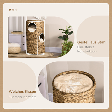 PawHut Cat Tree 73cm 3-Tier with Water Hyacinth and Steel Cushions, Light Brown for Cat Lovers