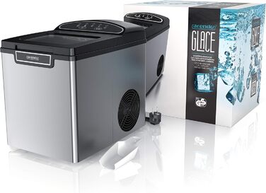 Stainless steel ice maker, ice cube maker, ice maker machine 1.8 Liter ice cube maker, ice cream machine with cooling, ice cube sizes small and large, status LEDs, ABS, BPA free, silver stainless steel