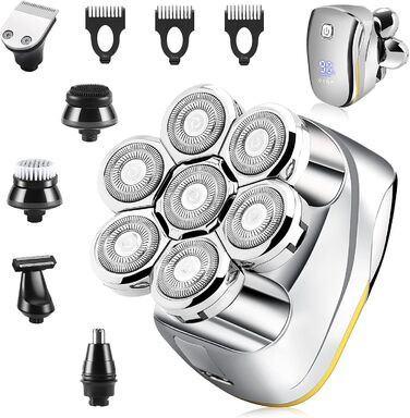 Електричний гоління для чоловіків Glatzen: 7D плаваюча головка для гоління, ротаційний гоління 6 в 1, багатофункціональний гоління для голої голови, вологостійкий, триммер для бороди, носа та вусів, набір для догляду, золотий