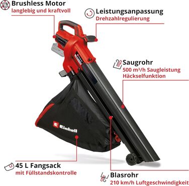 Einhell Cordless Leaf Blower VENTURRO 18/210 Power X-Change (18 V, suction power 500 m³/h, collection bag 45 L, blowing function up to 210 km/h, incl. 4 Ah battery & charger) Black, Red