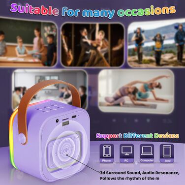 Караоке машина Spinosaurus для дітей з 2 мікрофонами, Bluetooth, LED-підсвічуванням. Ідеально для свят та подарунків (пурпурно-червоний)