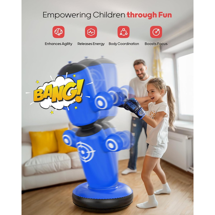 Дитячий боксерський мішок QPAU 360° з рукавичками, насосом та 6 цілями. Надувний боксерський мішок Bop Bag для карате, подарунок для хлопчиків та дівчаток (Блакитний)