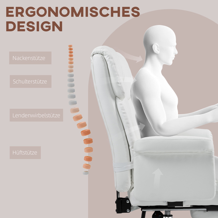 Офісний стілець HOMCOM, ергономічний стілець для робочого столу з функцією відкидання спинки, подушкою для попереку, регульованою по висоті, комп’ютерний стілець з підставкою для ніг, обертається, для дому та офісу, штучна шкіра, білий | Aosom