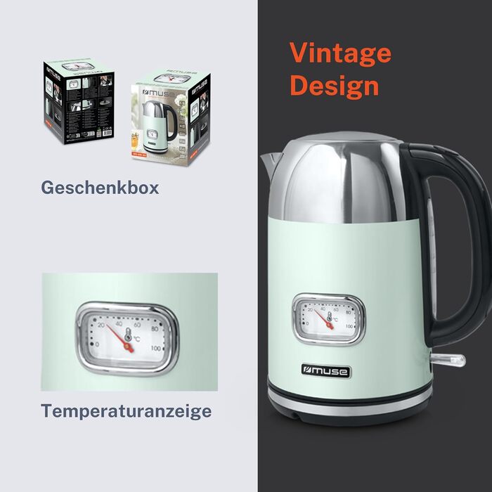 Електричний чайник з нержавіючої сталі MUSE Retro з аналоговим термометром, фільтром, прозорою шкалою, об'ємом 1,7 л, автоматичним вимкненням, матовий золотий (MS-030 BC) (Пастельно-зелений)