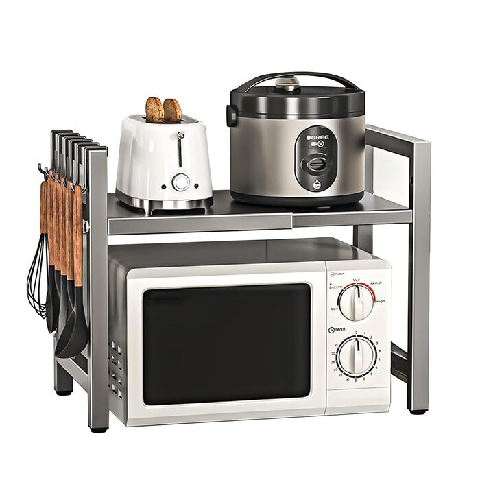 Настільний органайзер для мікрохвильової печі з 6 гачками, регульована висота та ширина, металевий, для кухні, спецій та кухонного приладдя