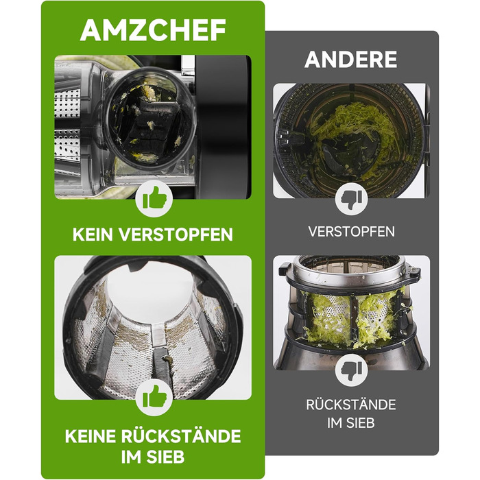 Електричний соковичавник AMZCHEF для овочів та фруктів - Slow Juicer з функцією реверсивного подрібнення, без фільтру, з щіткою та 2 чашками, сріблястий (30x19.6x30 см)