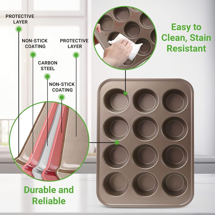 NutriChef 2-Piece Muffin Tin, Non-Stick Coated – PTFE-, PFOA-, PFOS & BPA-Free Muffin Tray – Muffin Sheet with 12 Cups, total 24 Pieces – Muffin Tin Made of Carbon Steel – Dishwasher Safe & with High Rim