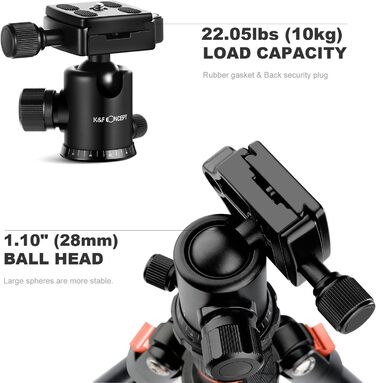 Штатив для камери K&F Concept TM2324 з кульковою головкою, швидкознімною платформою та сумкою. Алюміній, 156 см, 1358 г, чорний/помаранчевий