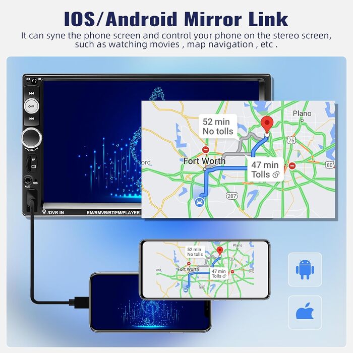 Автомагнітола CAMECHO 2 DIN з 7-дюймовим сенсорним екраном, Bluetooth, Mirror Link, FM-радіо, USB, AUX, керування з керма, 7 кольорів підсвітки, камера заднього виду, MP5