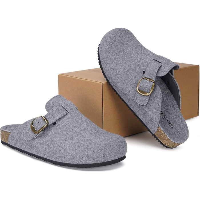 Домашні капці Dokela для жінок та чоловіків, зимові сліпони з підкладкою, фетрові тапочки з підкладкою, тепле устілка з корку, мюлі, закриті, неслизькі, зручні, шкіряні, фетрові сліпони (38 EU, світло-сірий)