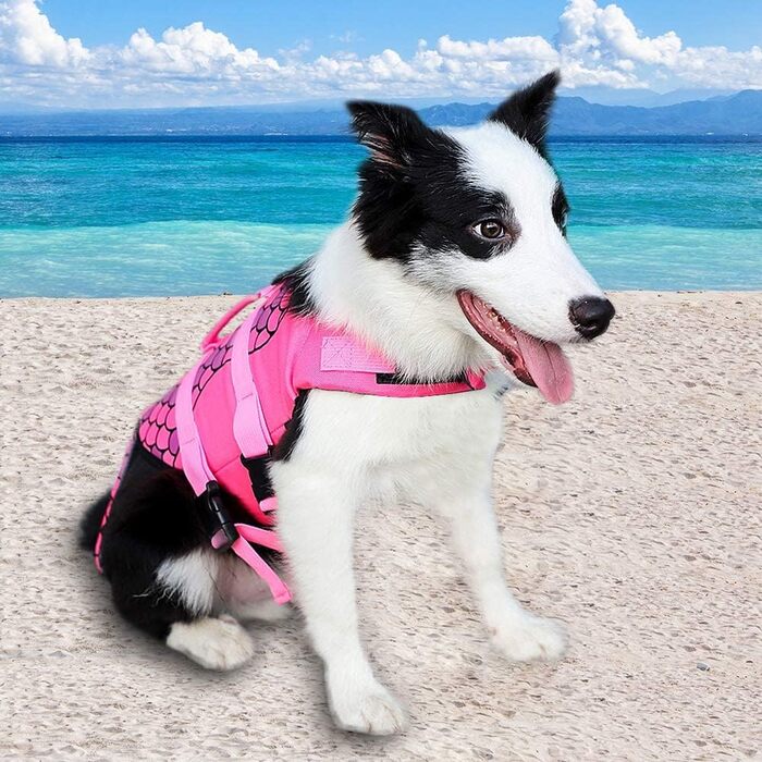 Dog life jacket, pet dog swimming flotation vest, adjustable sizes with strong buoyancy and rescue handle for swimming for small/medium/large puppies, (mermaid, size XS)
