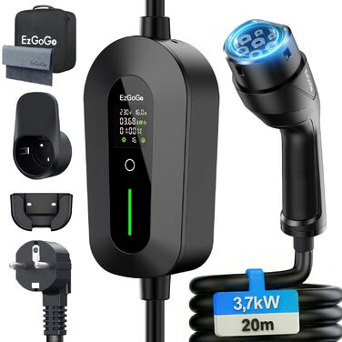Кабель для зарядки електромобіля EzGoGo Typ 2 Schuko 3.68 кВт, 10 м, 1 фаза, 6-16A, LCD-дисплей, IP65, для EV/PHEV (IEC 62196-2)
