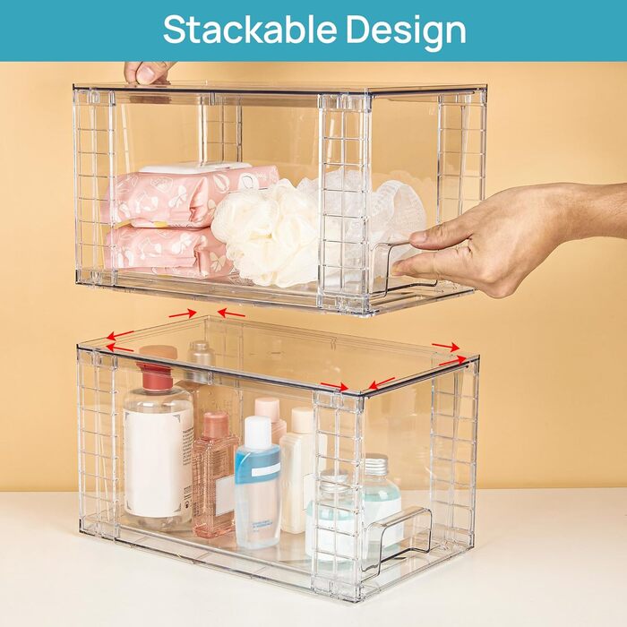 Vtopmart 4 Pack Stackable Storage Drawers, Clear Acrylic Drawer Organizers with Handles, Storage Organizer for Refrigerator, Bathroom, Closet, Pantry (4 Pack Middle)